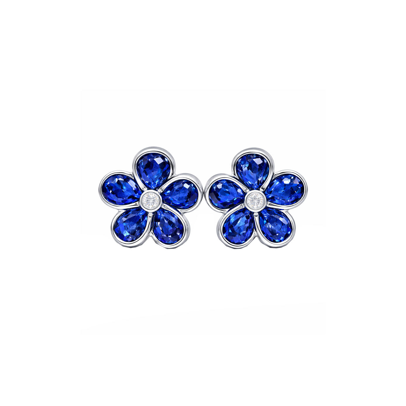 14 Karat White Gold Flower Earrings With Blue Sapphires And Diamonds
