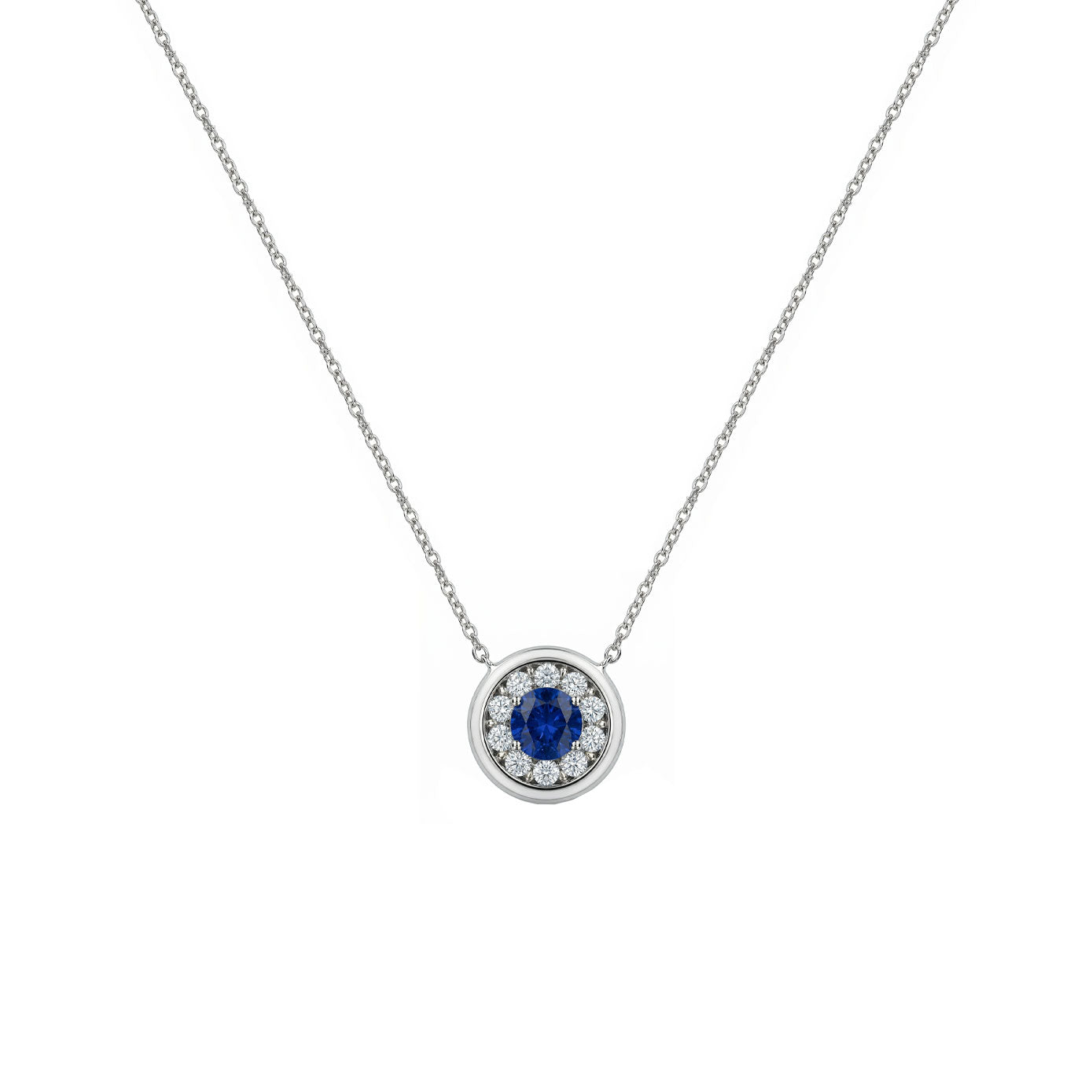 14 Karat White Gold Halo Necklace With A Blue Sapphire And Diamonds