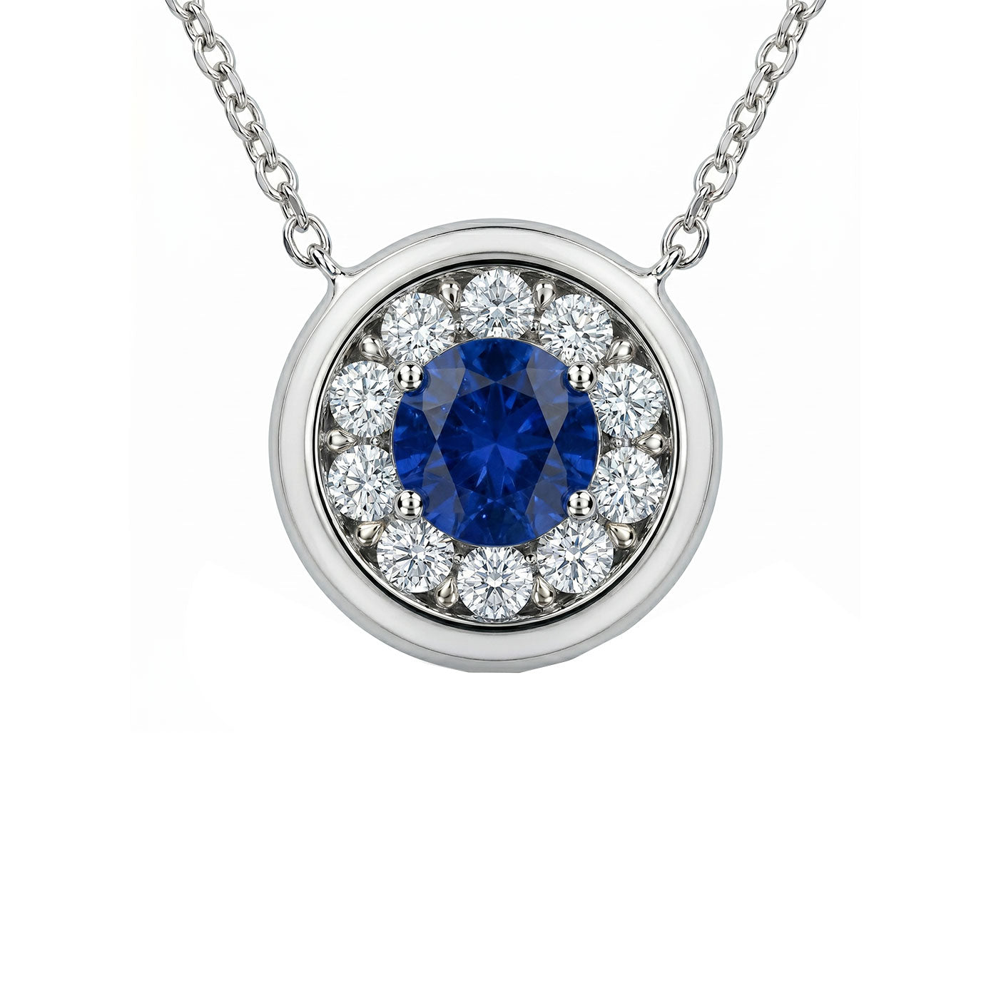 14 Karat White Gold Halo Necklace With A Blue Sapphire And Diamonds