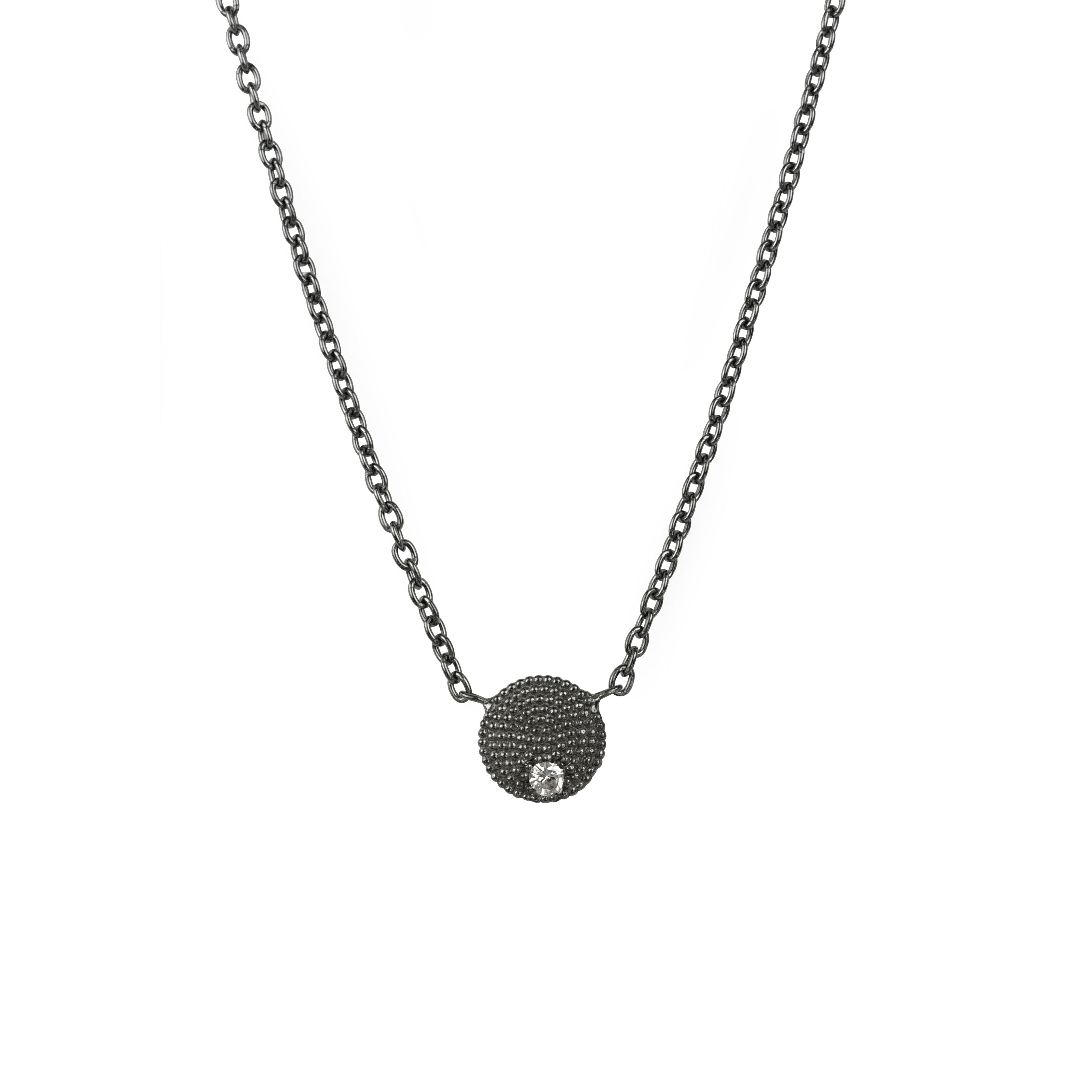 Sterling Silver ADIN disc necklace with Black Rhodium and single diamond