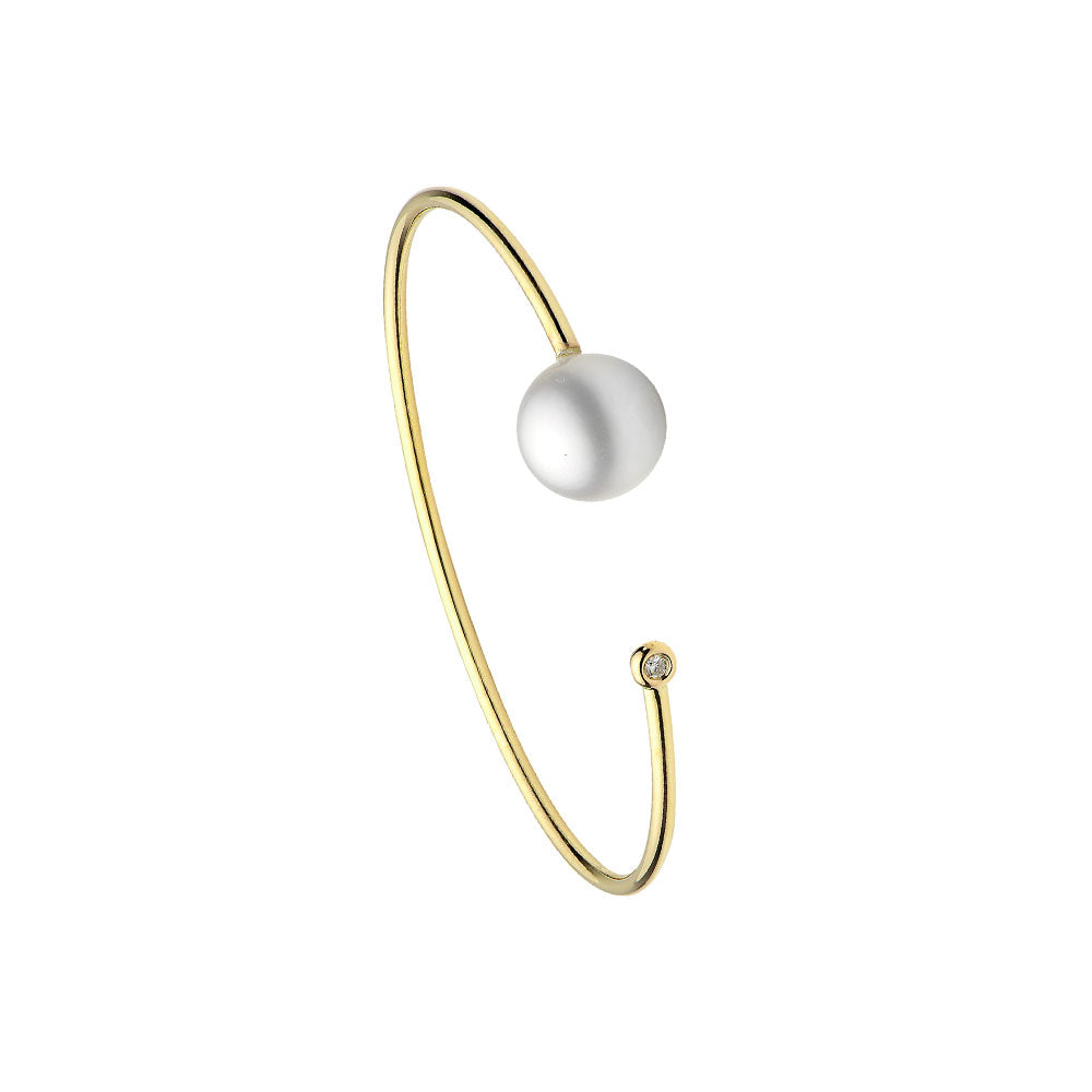 14 Karat Yellow Gold Open Flexible Bangle with South Sea Pearl and Round Diamond