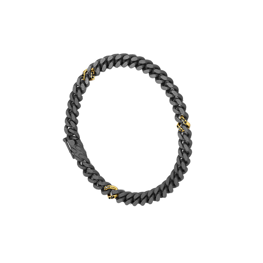 Titanium and 14 karat yellow gold Curb Bracelet with Black Diamond