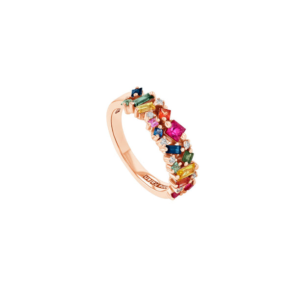 18 Karat Rose Gold Fireworks ring with Multi Colored Sapphires and Diamonds