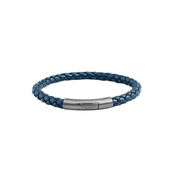 Black Ruthenium Mens Navy Blue Braided Leather Bracelet