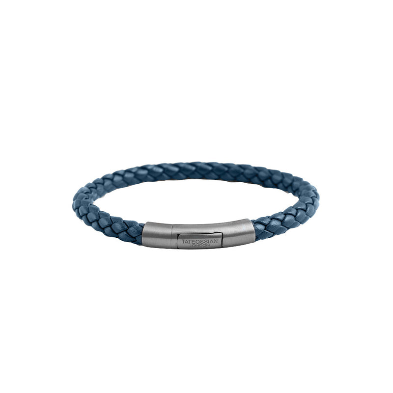 Black Ruthenium Mens Navy Blue Braided Leather Bracelet