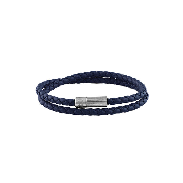 Sterling Silver Mens Navy Blue Braided Leather Bracelet