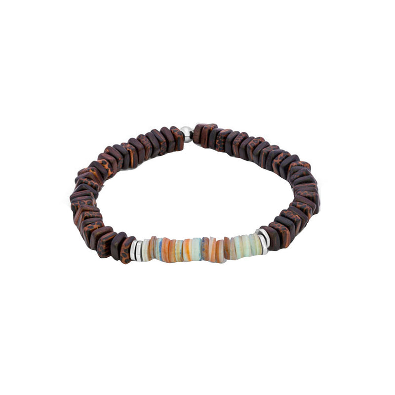 Sterling Silver Mens Bracelet with Wood and Shell Beads