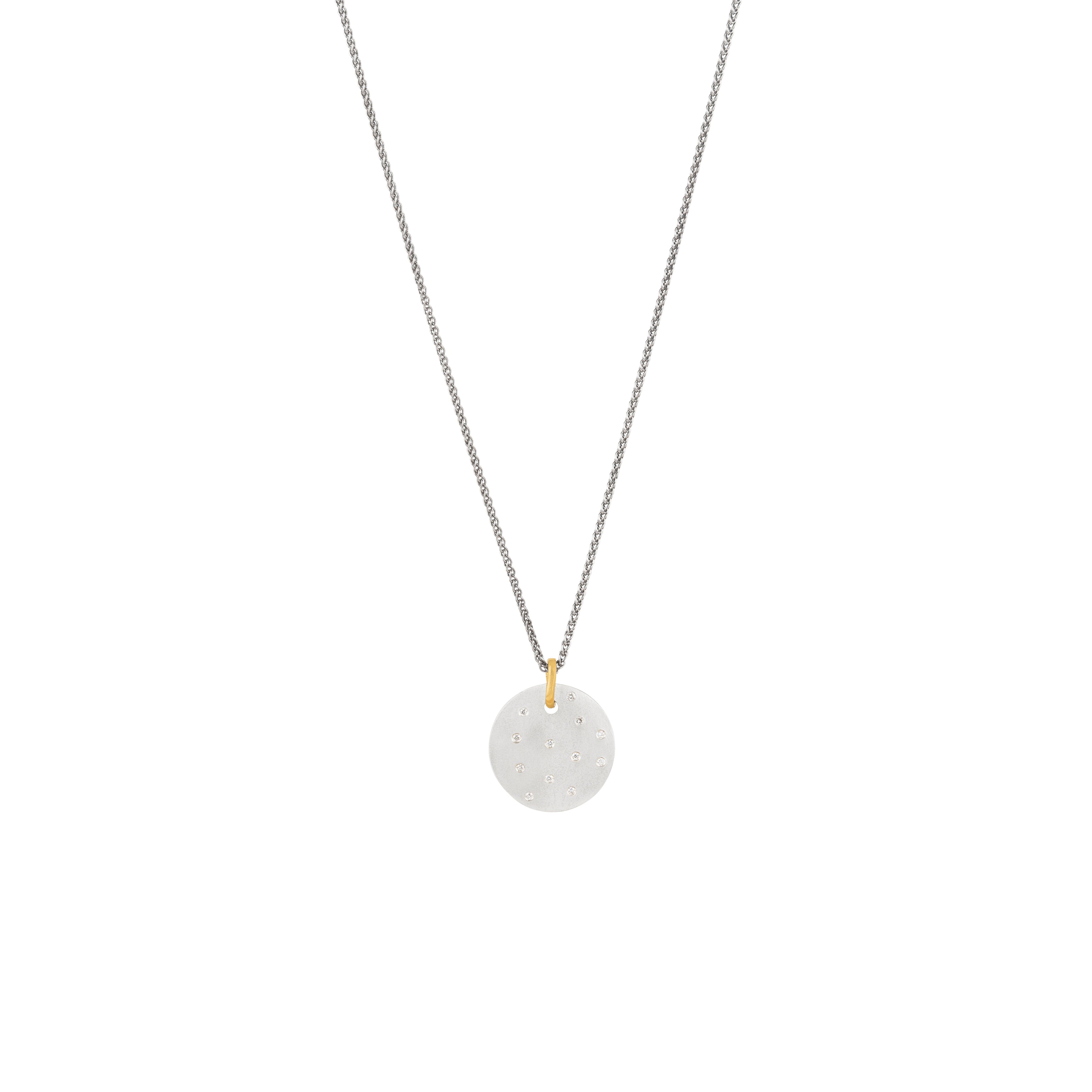 Sterling silver round CASSI 20mm disc pendant with scattered white Diamonds