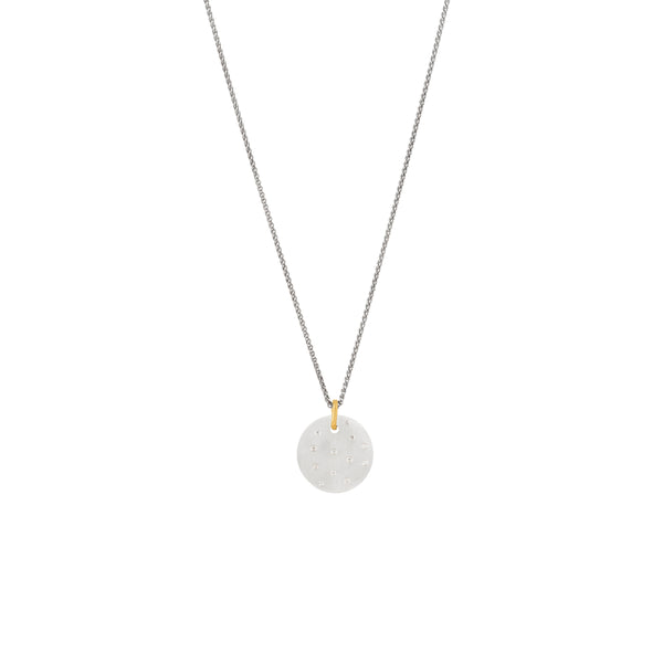 Sterling silver round CASSI 20mm disc pendant with scattered white Diamonds