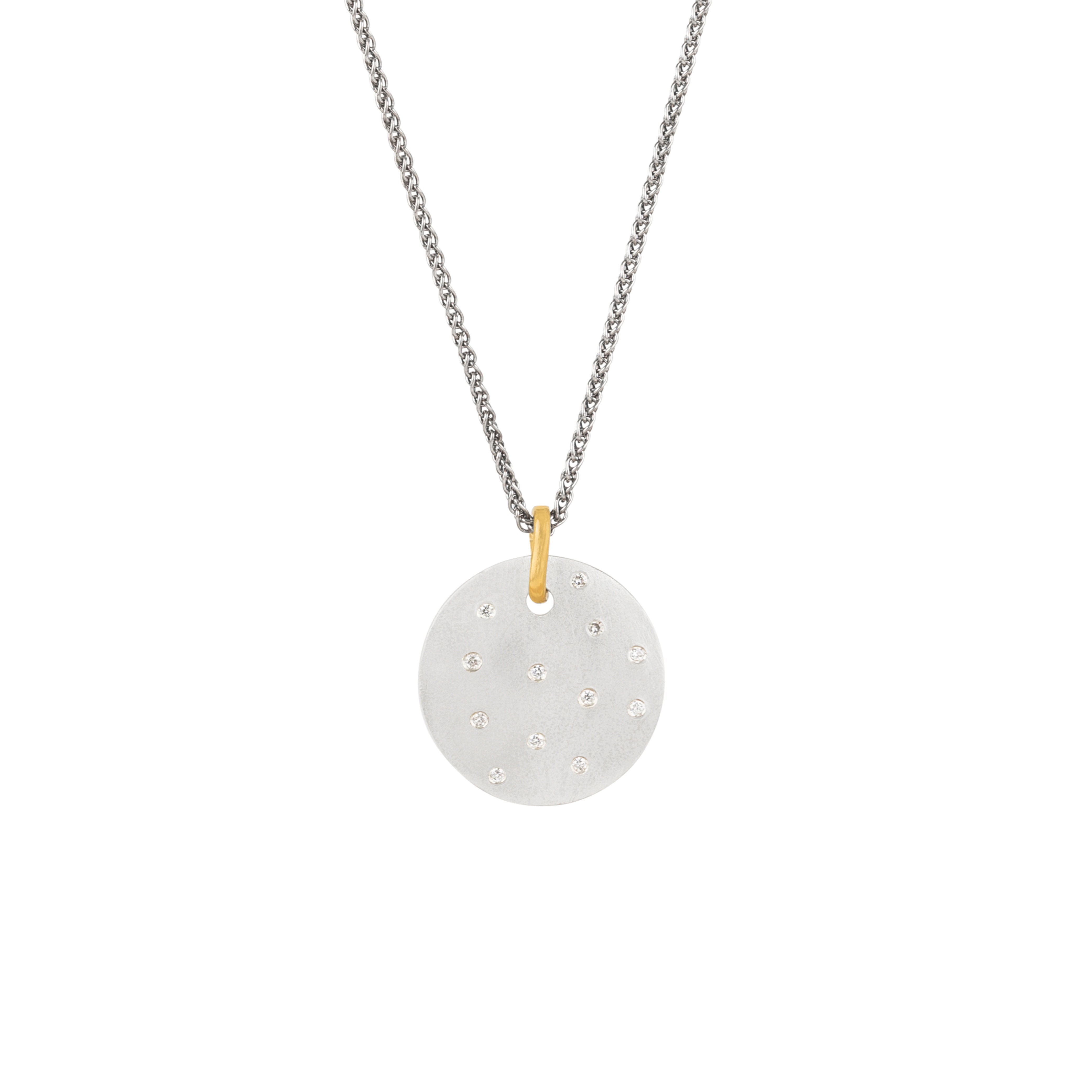 Sterling silver round CASSI 20mm disc pendant with scattered white Diamonds