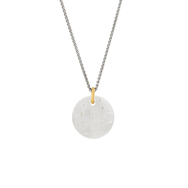 Sterling silver round CASSI 20mm disc pendant with scattered white Diamonds