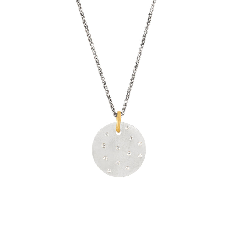 Sterling silver round CASSI 20mm disc pendant with scattered white Diamonds