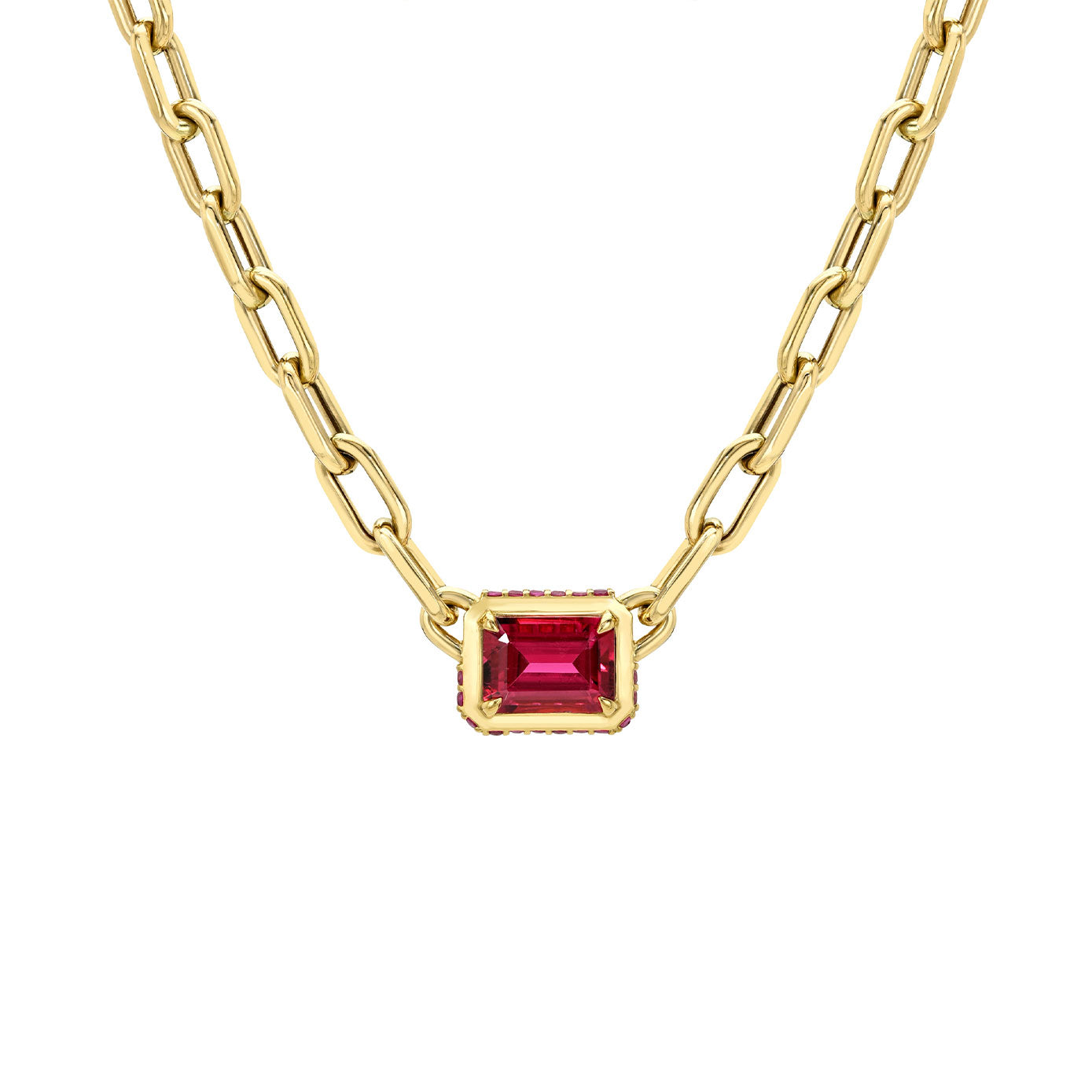 8 Karat Yellow Gold Bezel Necklace with Rubalite and pink sapphires