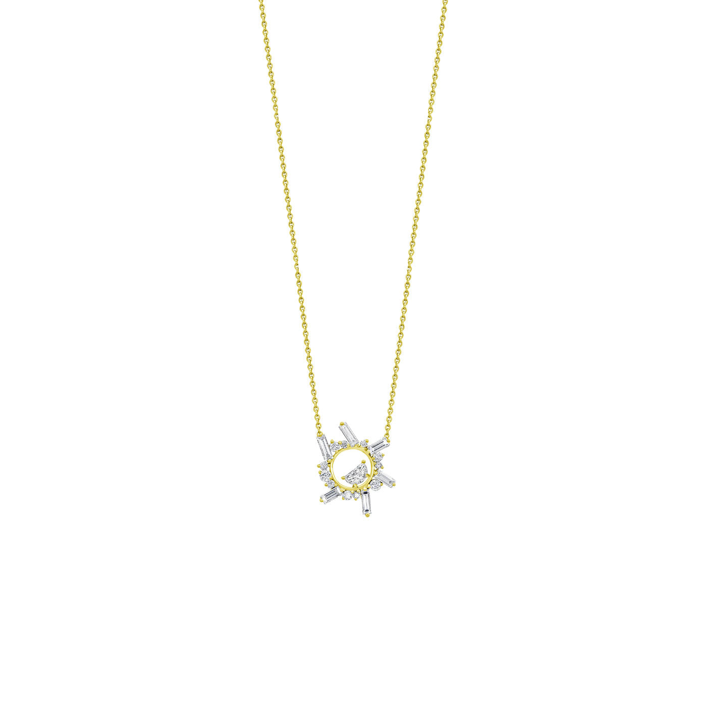 18 Karat Yellow Gold Small Open Circle Necklace with various shape diamonds by meredith young