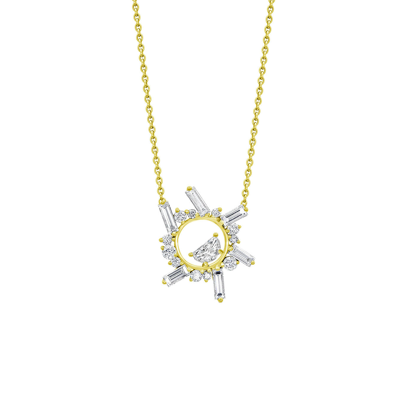 18 Karat Yellow Gold Small Open Circle Necklace with various shape diamonds by meredith young