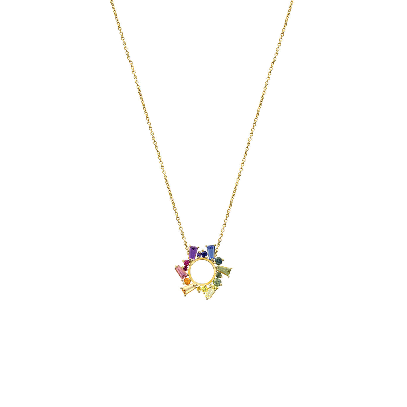 18 Karat Yellow Gold Small Open Circle Necklace with Multi Colored Sapphires