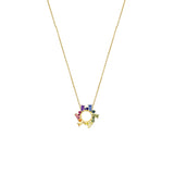18 Karat Yellow Gold Small Open Circle Necklace with Multi Colored Sapphires