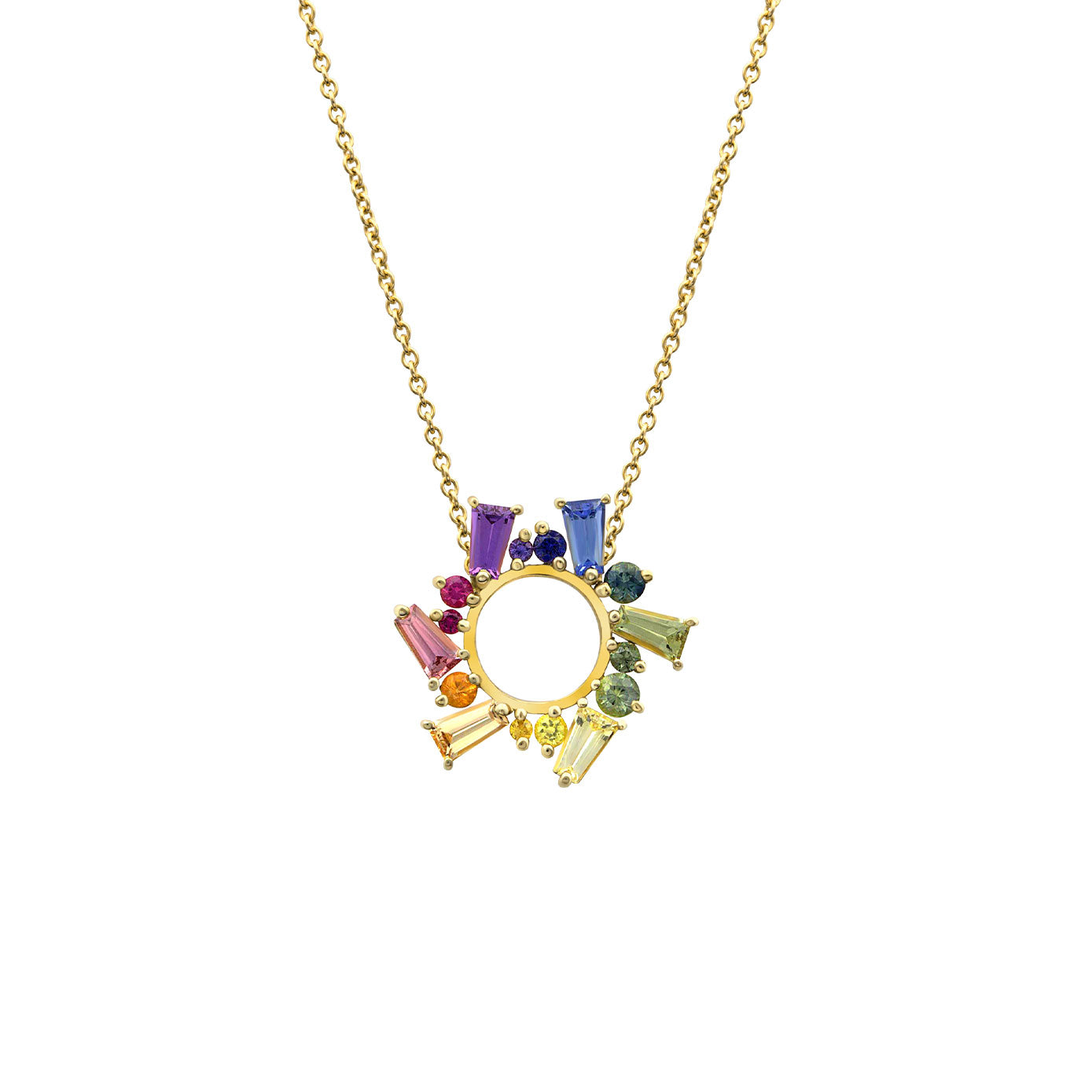 18 Karat Yellow Gold Small Open Circle Necklace with Multi Colored Sapphires