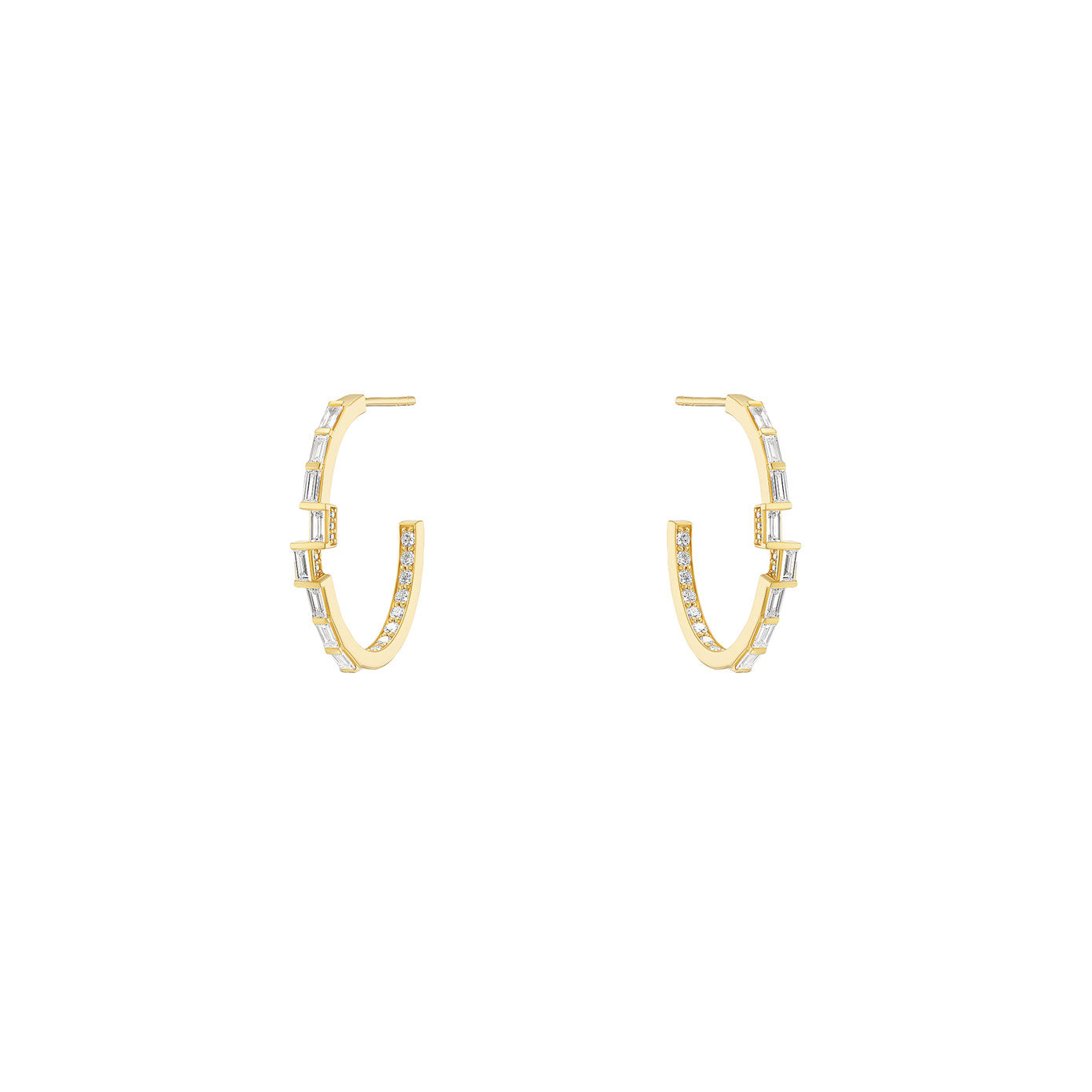 18 Karat Yellow Gold Oval Asymmetric Hoop Earrings with Diamond Baguettes
