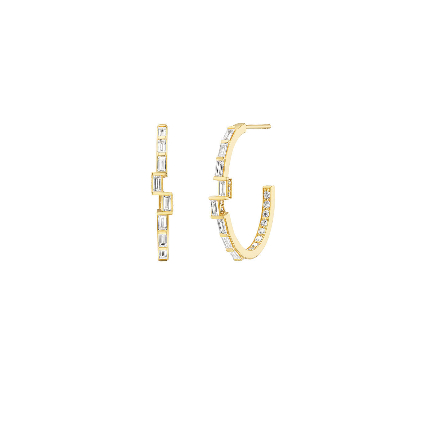 18 Karat Yellow Gold Oval Asymmetric Hoop Earrings with Diamond Baguettes