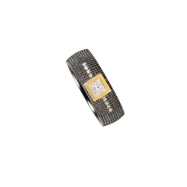 Sterling Silver Black Rhodium CLIVE ring with 14 Karat Yellow Gold and Princess Cut Diamond