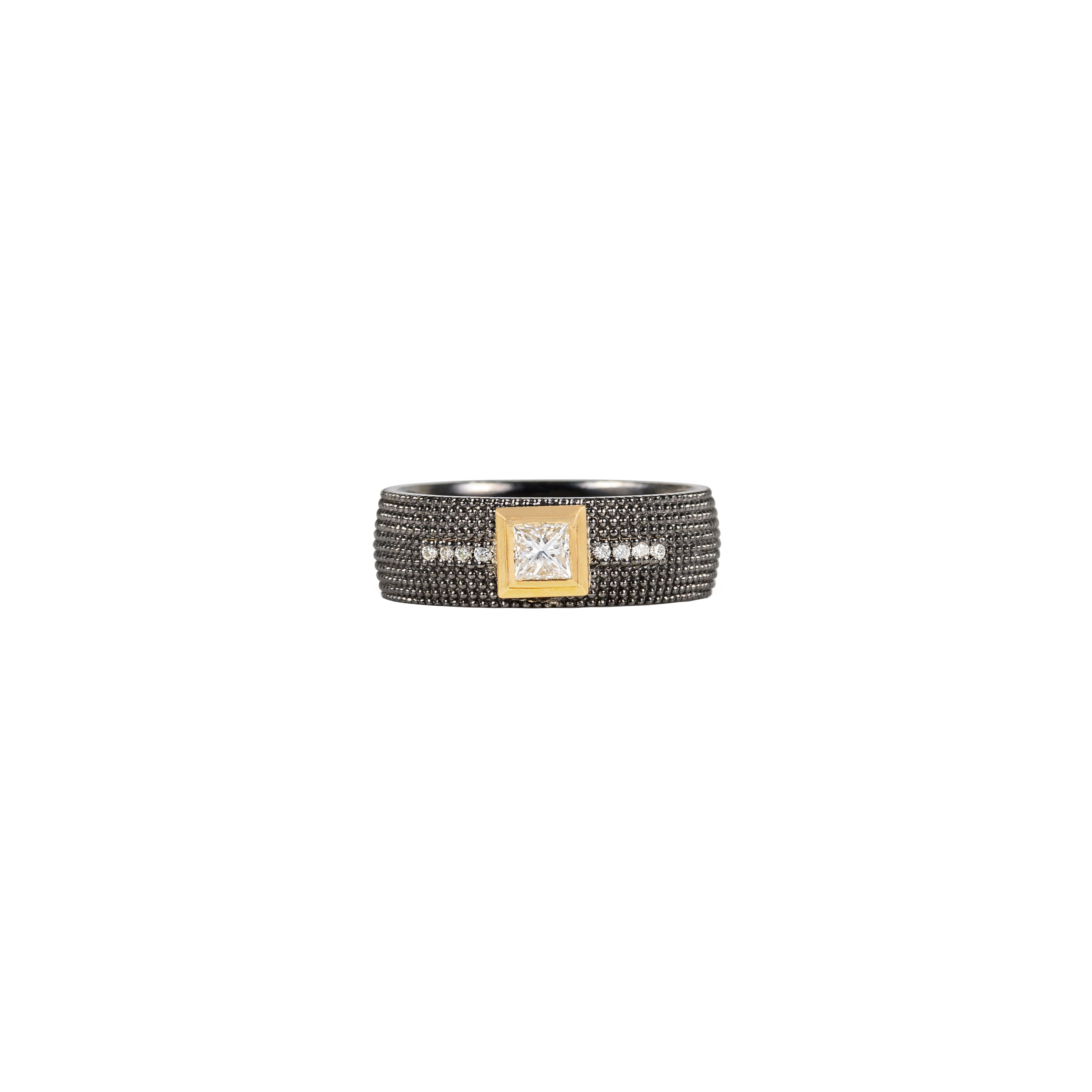 Sterling Silver Black Rhodium CLIVE ring with 14 Karat Yellow Gold and Princess Cut Diamond