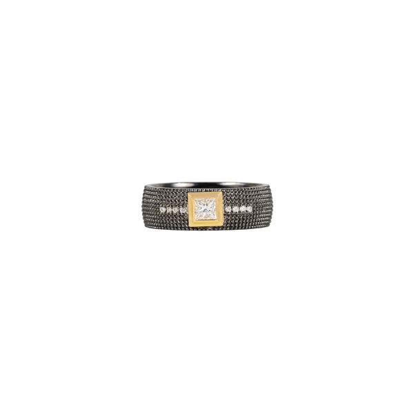 Sterling Silver Black Rhodium CLIVE ring with 14 Karat Yellow Gold and Princess Cut Diamond