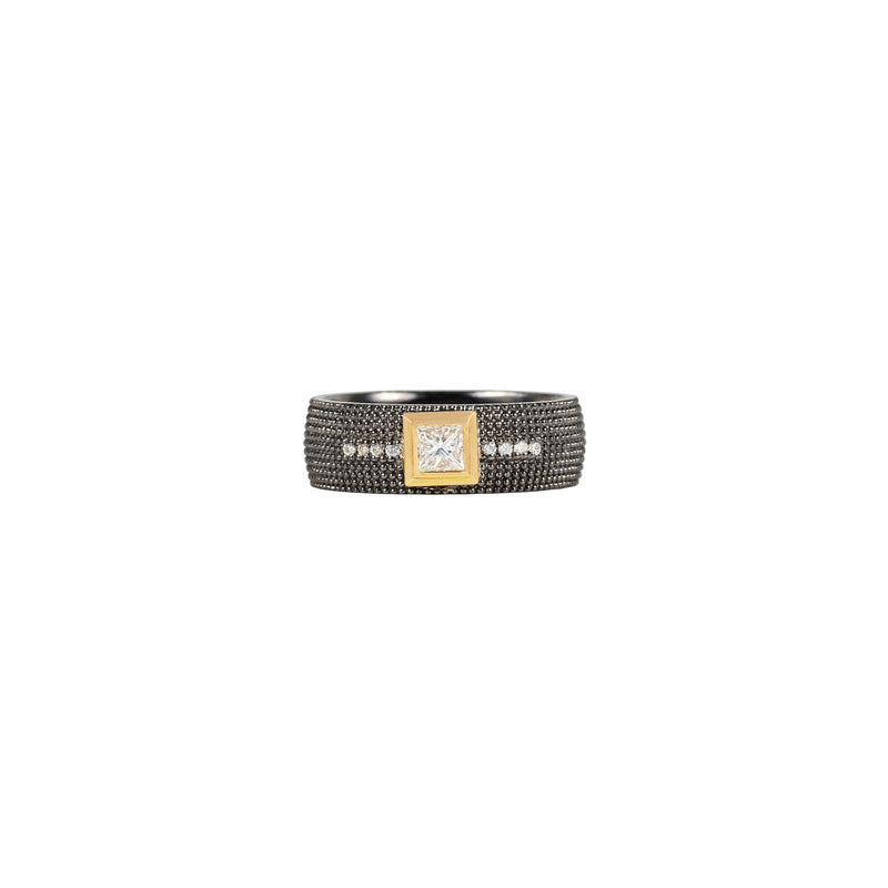 Sterling Silver Black Rhodium CLIVE ring with 14 Karat Yellow Gold and Princess Cut Diamond