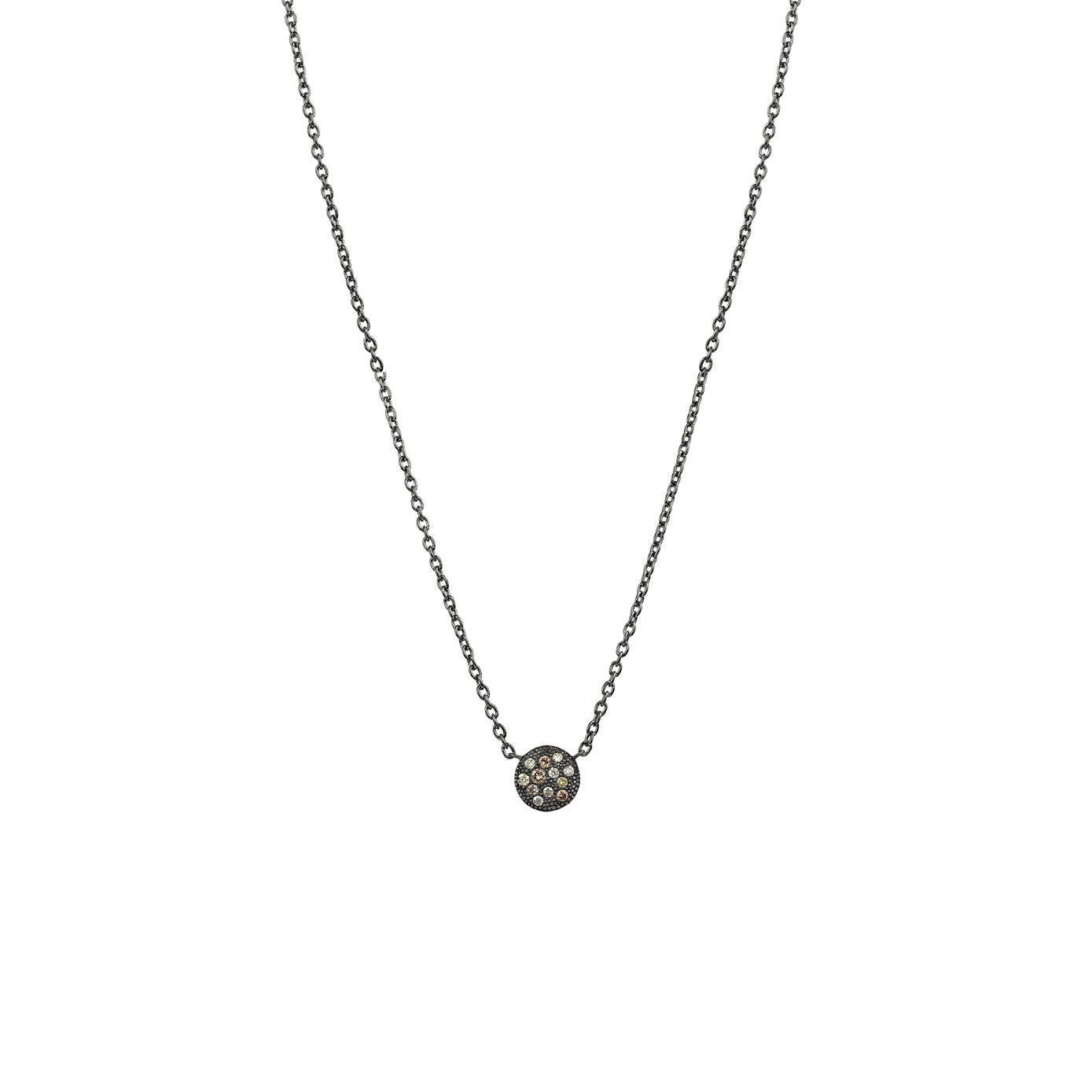 Sterling silver black rhodium CARMELA mini disc necklace with champagne and white diamonds