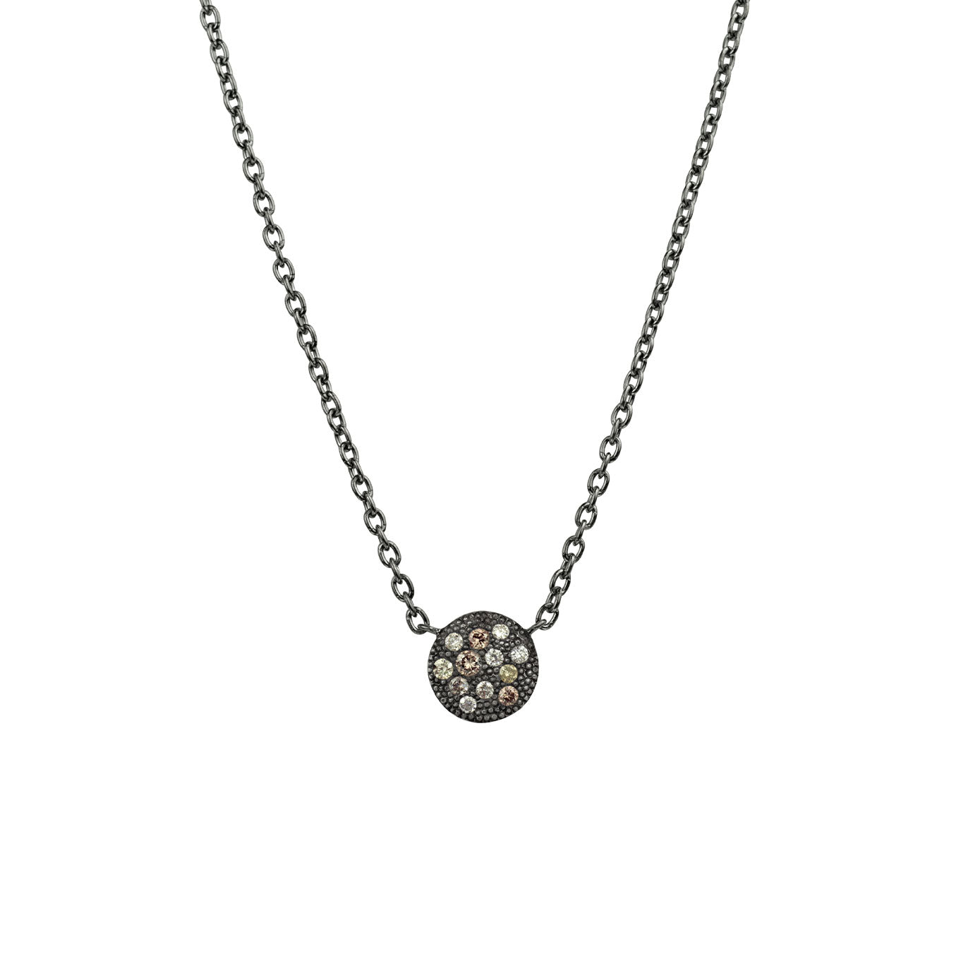 Sterling silver black rhodium CARMELA mini disc necklace with champagne and white diamonds