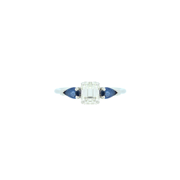 18 Karat White Gold 3 Stone Ring with Asscher Diamond and Sapphires