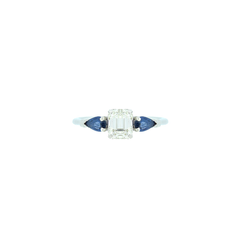 18 Karat White Gold 3 Stone Ring with Asscher Diamond and Sapphires
