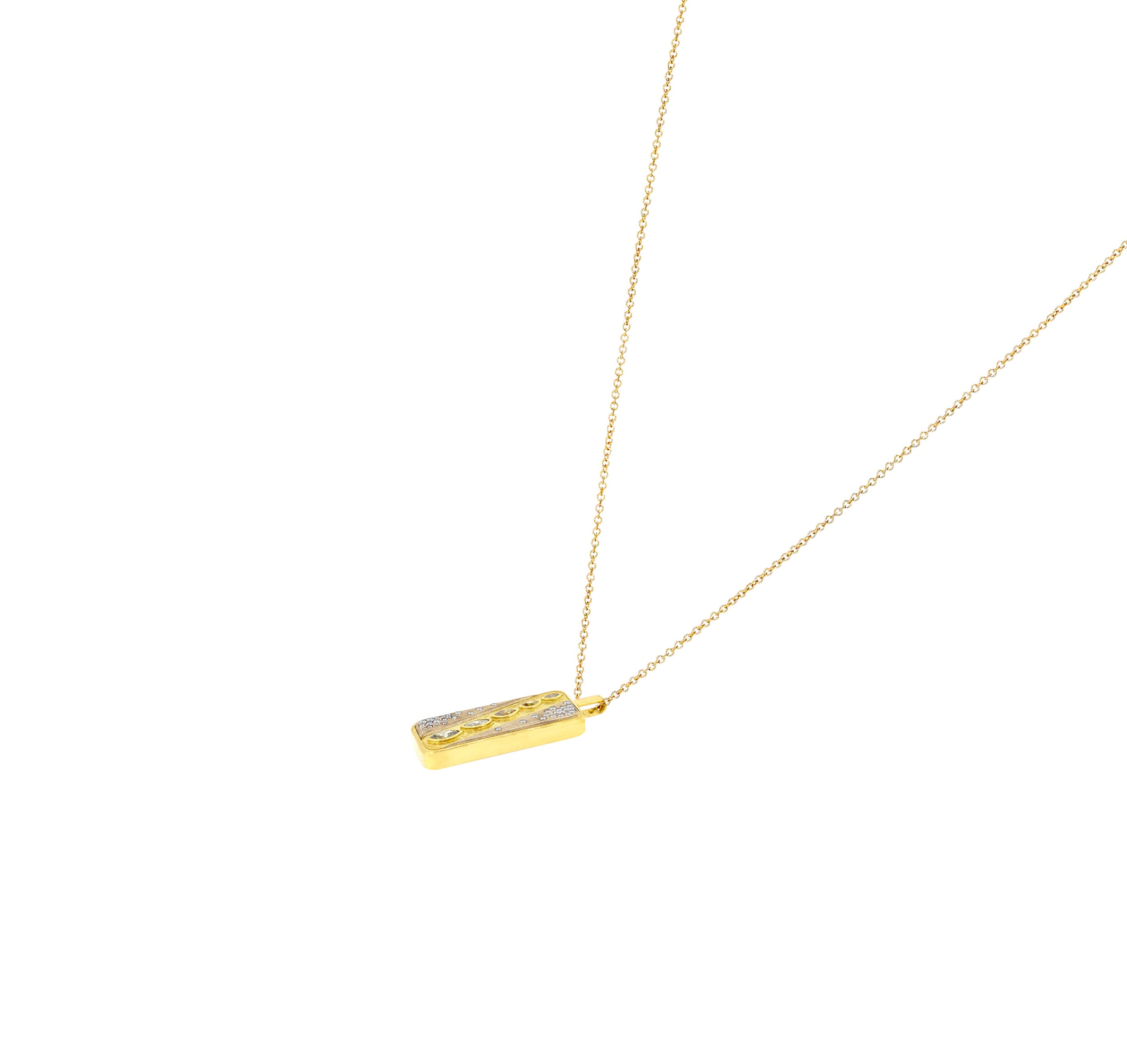 18 Karat White and Yellow Gold Linear Pendant with Multi Colored Diamonds