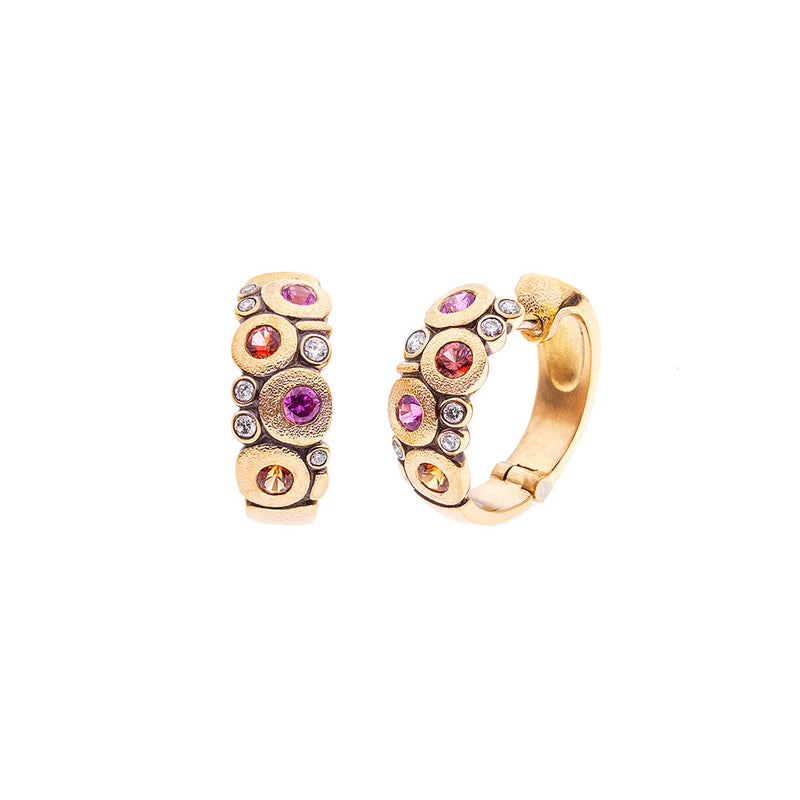 8 Karat Yellow Gold Candy Huggy earrings with Sapphires and Diamonds