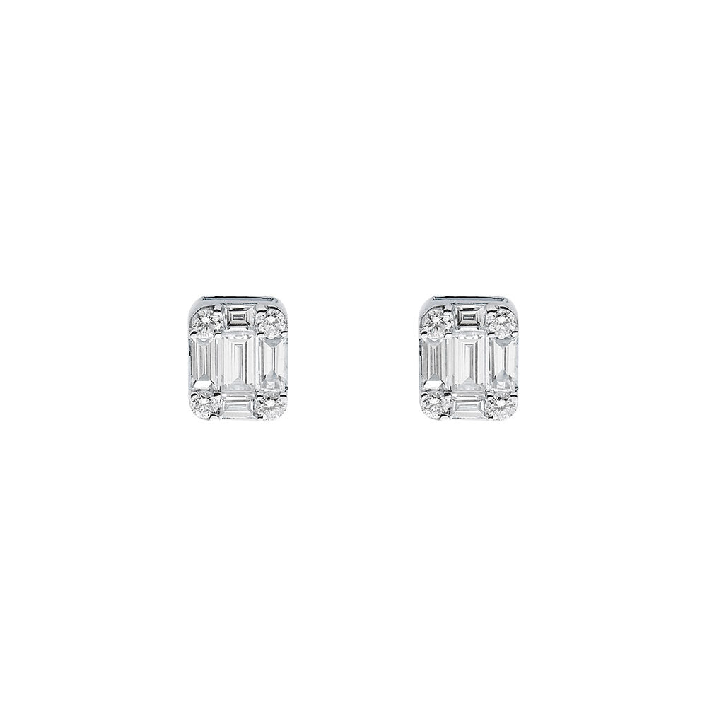 18 Karat White Gold Illusion setting stud earrings with baguette and round diamonds