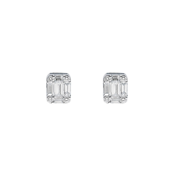 18 Karat White Gold Illusion setting stud earrings with baguette and round diamonds