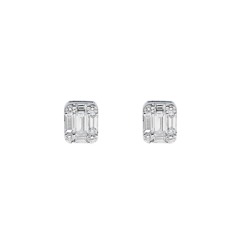 18 Karat White Gold Illusion setting stud earrings with baguette and round diamonds