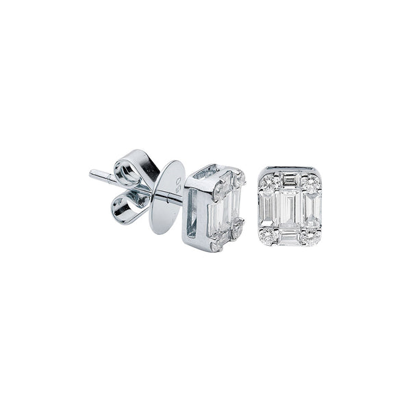 18 Karat White Gold Illusion setting stud earrings with baguette and round diamonds