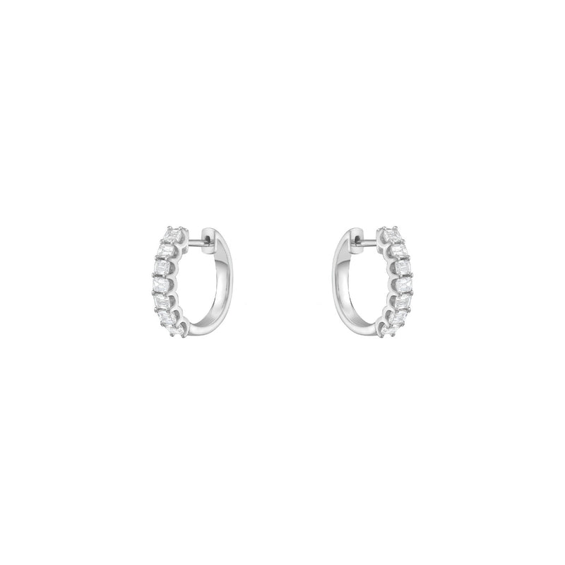 18 Karat White Gold Huggy Emerald cut diamond hoops