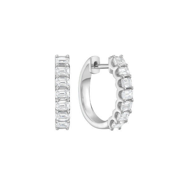 18 Karat White Gold Huggy Emerald cut diamond hoops