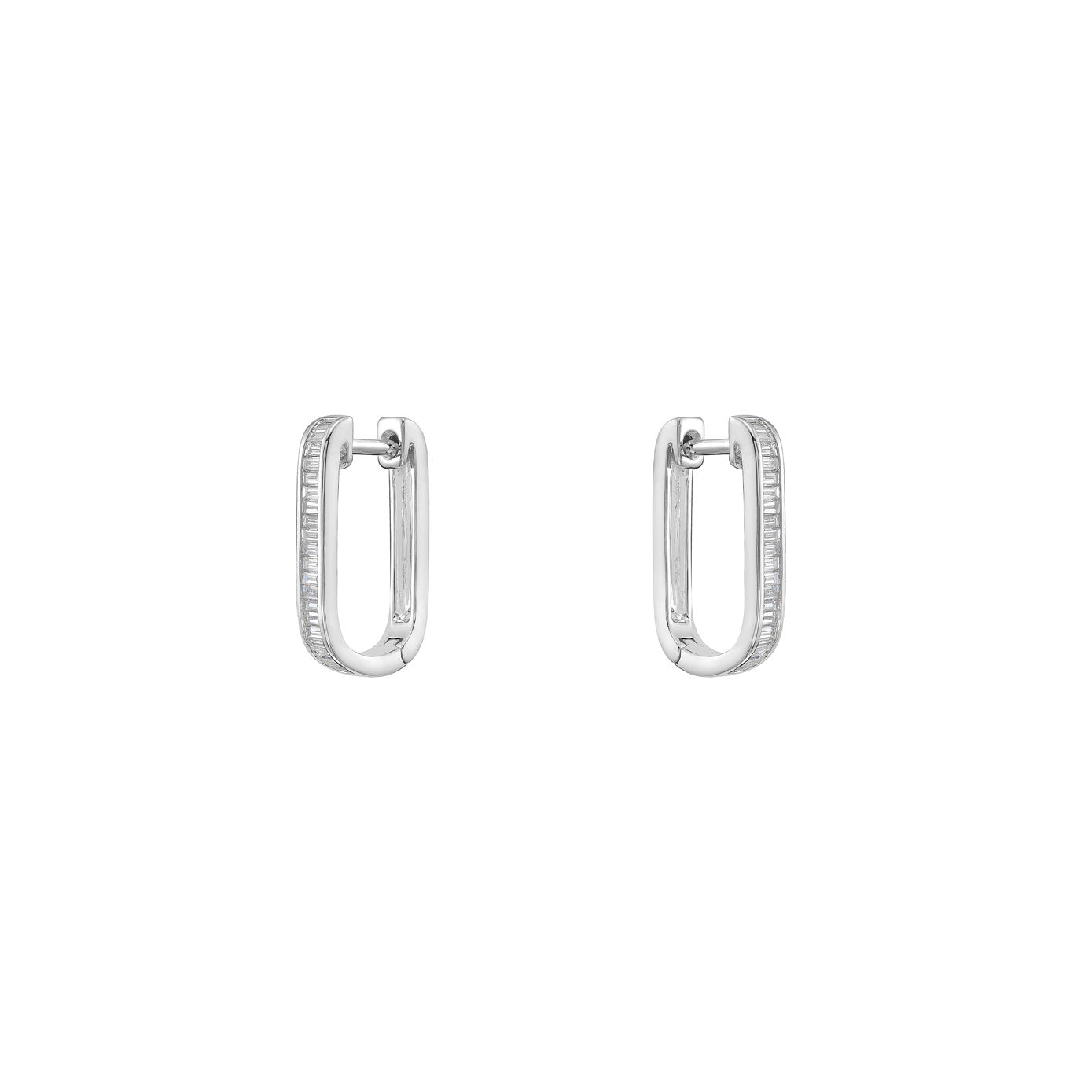 18 Karat White Gold Rectangle Hoop Earrings with Baguette Diamonds