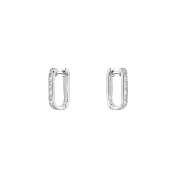 18 Karat White Gold Rectangle Hoop Earrings with Baguette Diamonds