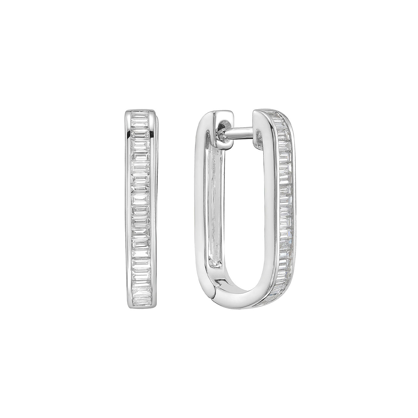 18 Karat White Gold Rectangle Hoop Earrings with Baguette Diamonds