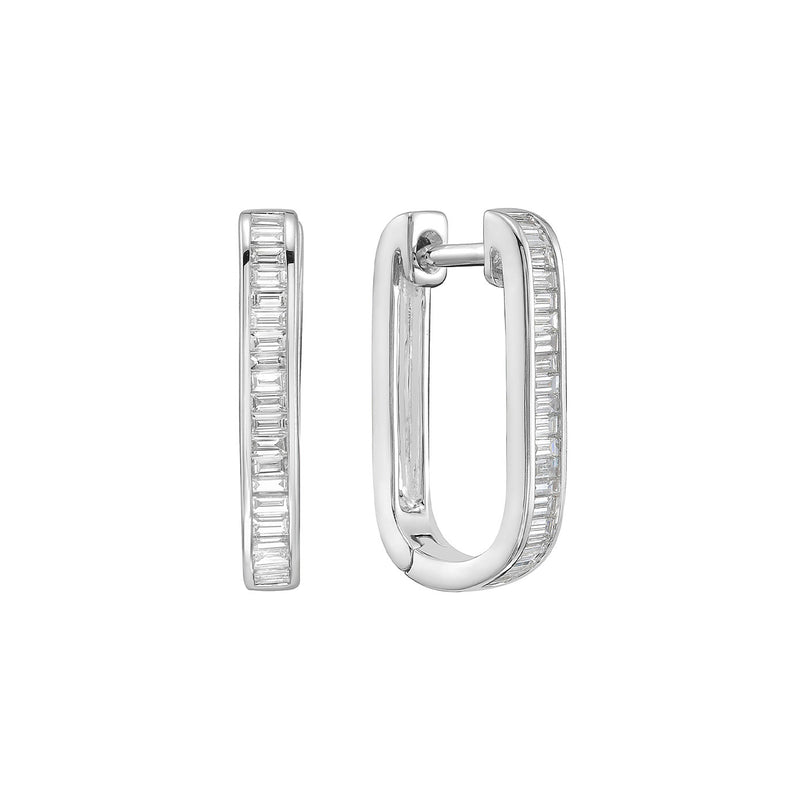 18 Karat White Gold Rectangle Hoop Earrings with Baguette Diamonds