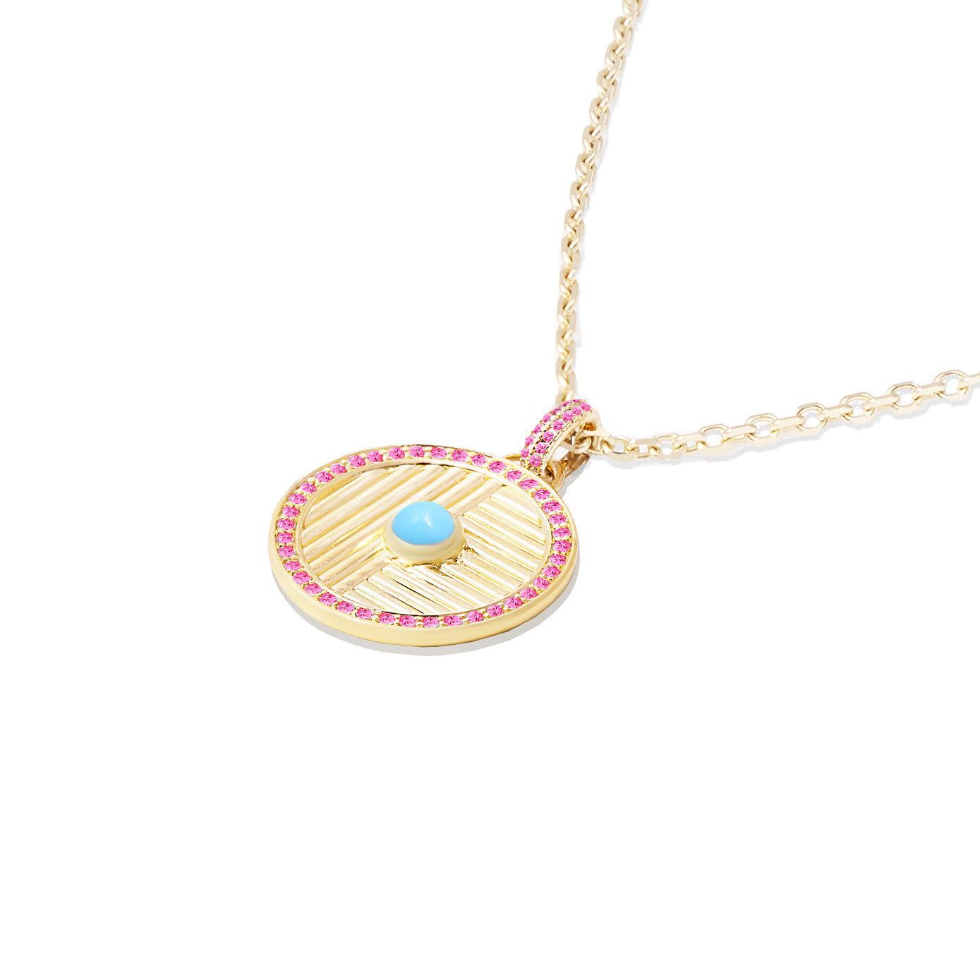 14 Karat Yellow Gold Found Small Disc Necklace with Turquoise & Pink Sapphires