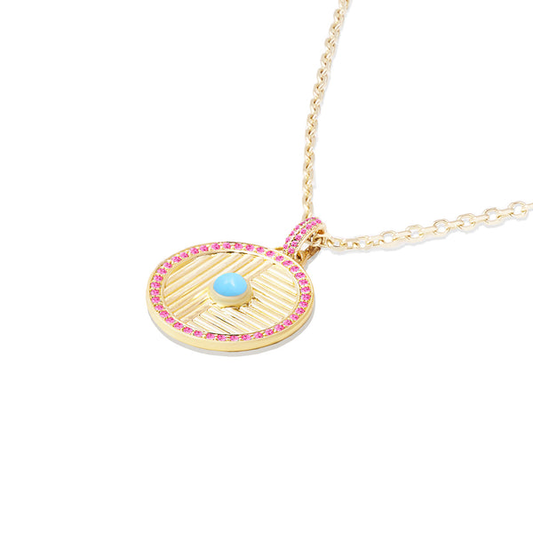 14 Karat Yellow Gold Found Small Disc Necklace with Turquoise & Pink Sapphires