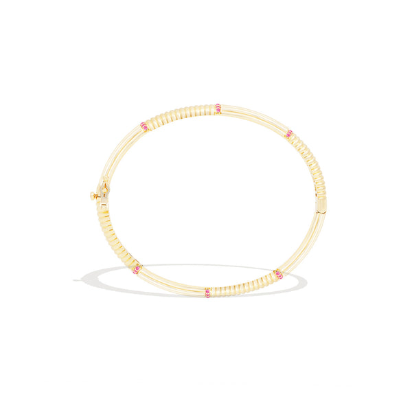14 Karat Yellow Gold Found Round Hinged Bangle with Pink Sapphires