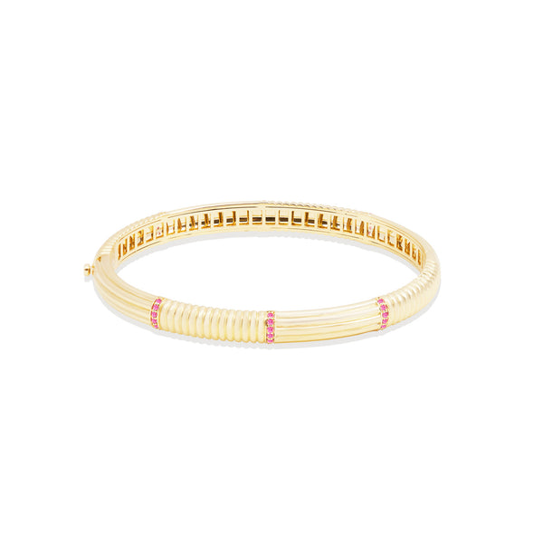 14 Karat Yellow Gold Found Round Hinged Bangle with Pink Sapphires
