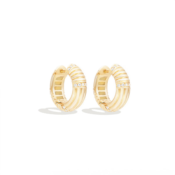 14 Karat Yellow Gold Round Ribbed Huggy Diamond Earrings