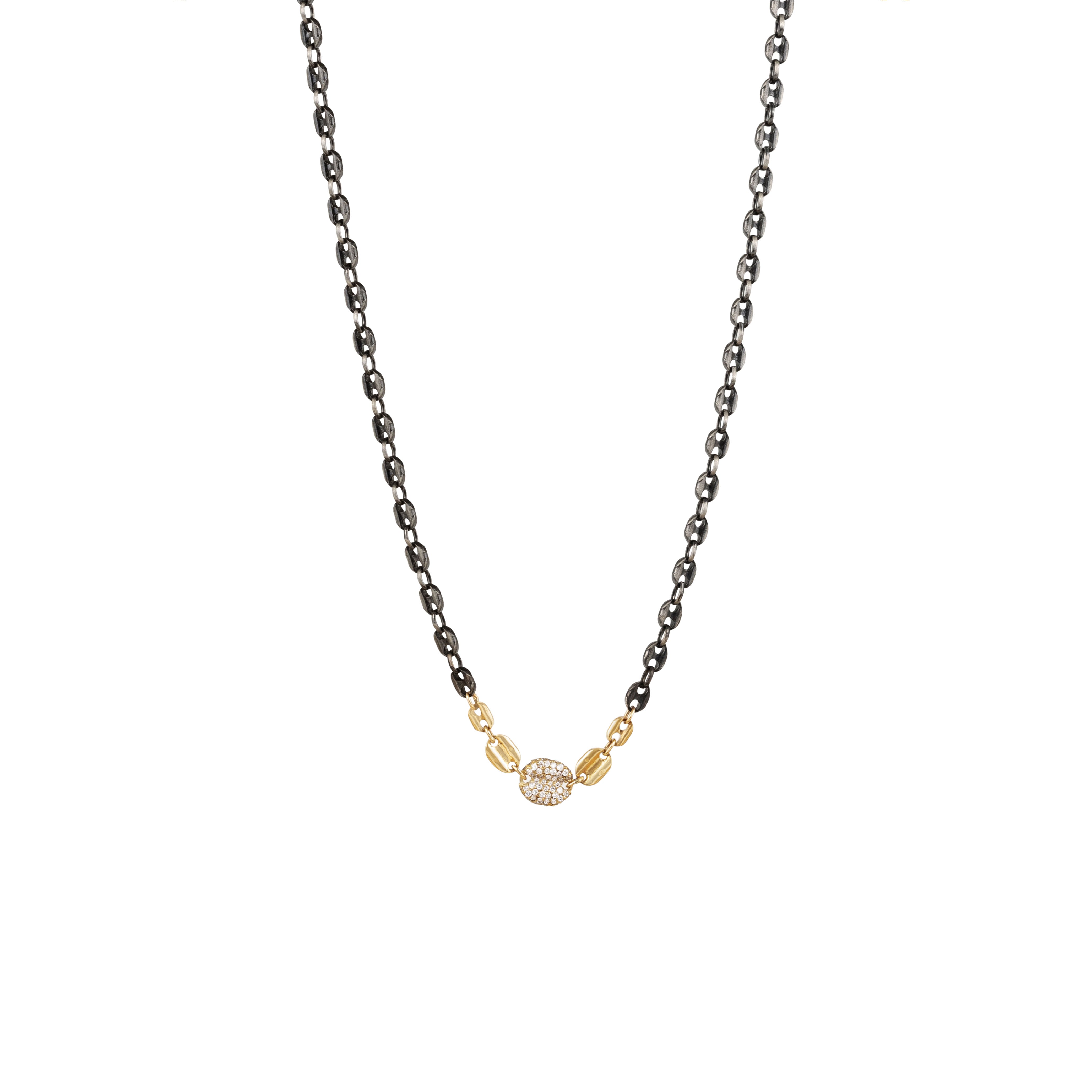 Sterling Silver Black Rhodium FUJI Anchor Chain Necklace with Yellow Gold and Pave diamond link